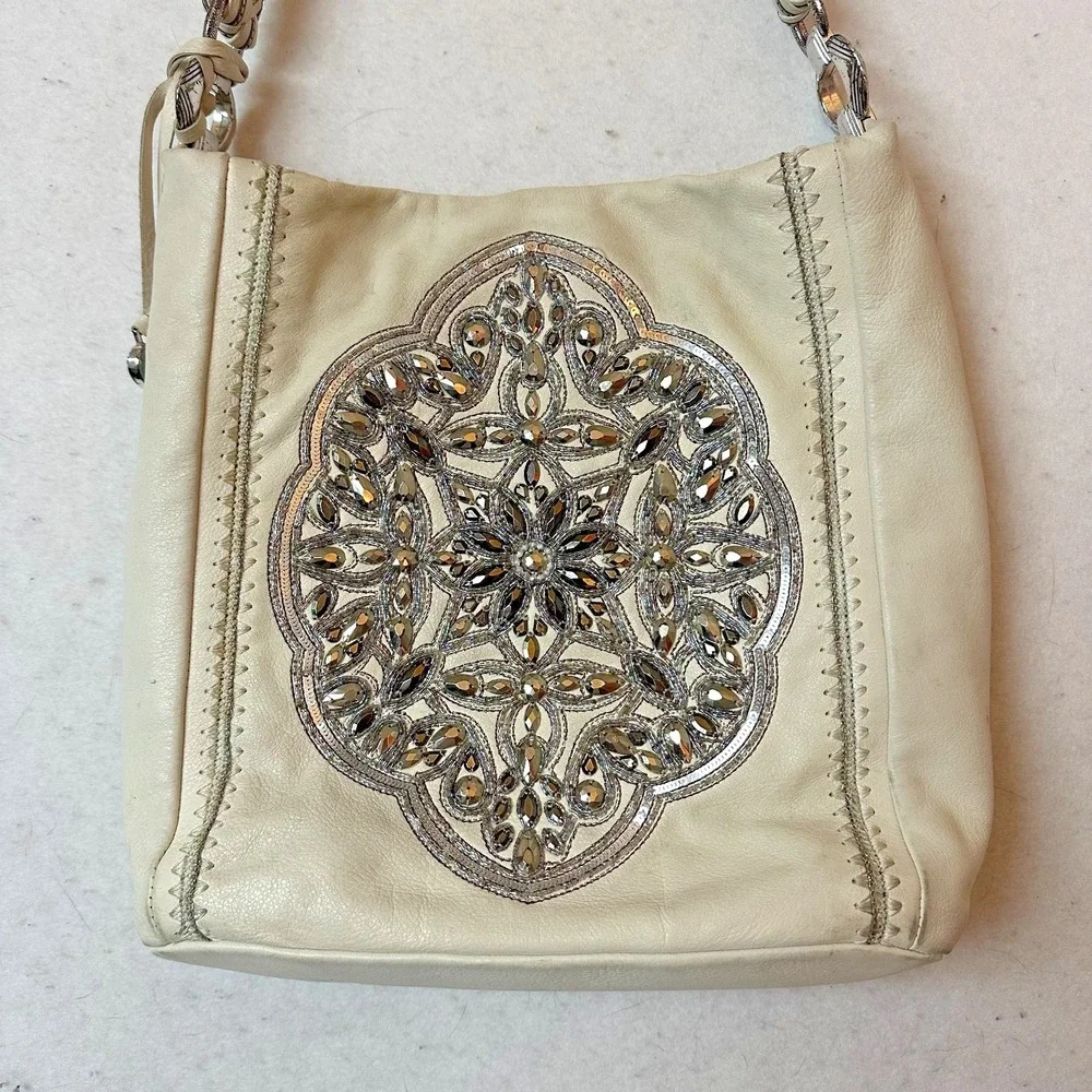 Brighton Cream Leather Beaded Medallion Hobo Shoulder Bag Ivory Silver Heart